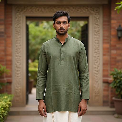 Photograph of a handsome South Asian man with short black hair, beard, wearing a green traditional kurtah, standing in an ornate brick doorway