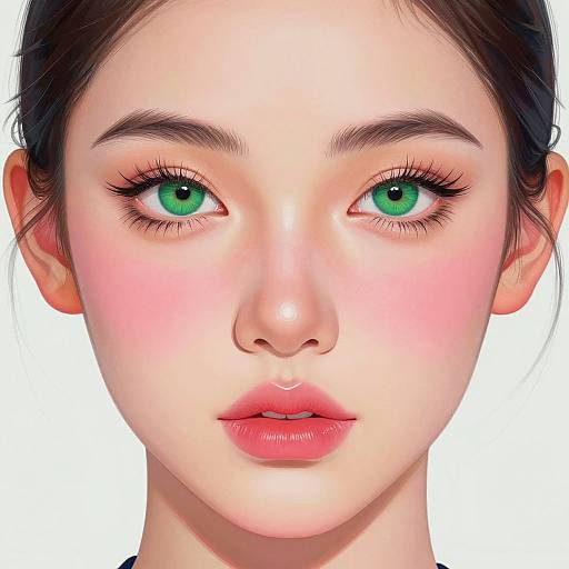 Digital portrait of a young Asian woman with vibrant green eyes, pink blush on cheeks, and full pink lips, against a white background.