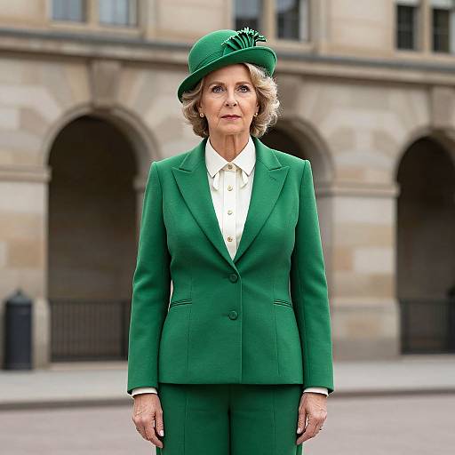Photograph of an elderly white woman with short, curly blonde hair, wearing a green suit, white blouse, and matching green hat, standing in front