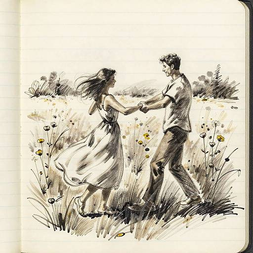 Charcoal Drawing of Couple Dancing in Wildflower Field