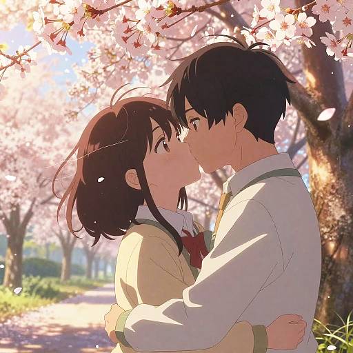 Anime-style digital drawing of a young couple kissing under blooming cherry blossoms, sunlit path in background, wearing school uniforms.
