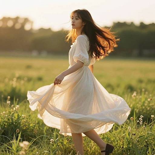 Graceful Woman Twirling in Sunny Meadow