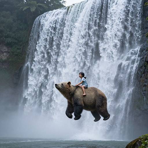 Photograph of a young girl in a blue dress riding a brown bear under a powerful waterfall, surrounded by lush greenery.