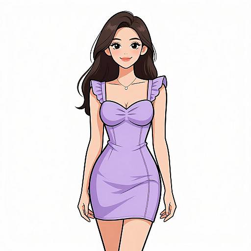 Digital anime-style drawing of a smiling woman with long black hair, wearing a form-fitting, purple, strapless dress, against a white background.