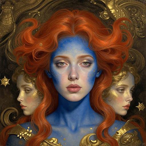 Digital art of a blue-faced woman with red, wavy hair, flanked by two golden-haired profiles. Ornate, celestial background. Fantasy,