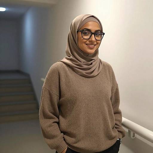 Photograph of a smiling woman with brown skin, wearing a beige hijab, glasses, and a brown knitted sweater, standing in a dimly