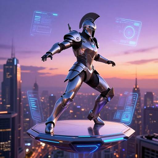 CGI image of a futuristic, armored gladiator with a helmet, standing on a hovering platform above a cityscape at sunset. Glowing holographic