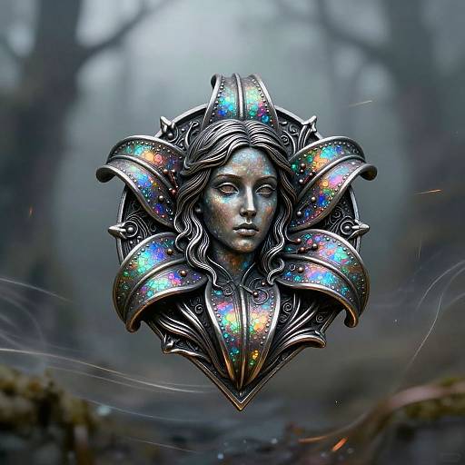 Digital artwork of a metallic, galaxy-patterned, sunflower-like headpiece with a serene, silver-faced woman's face, set against a misty