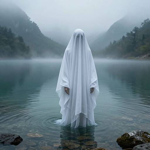 Mysterious figure in white sheet standing in misty, calm lake with mountainous background; hands slightly visible; eerie, ethereal atmosphere.