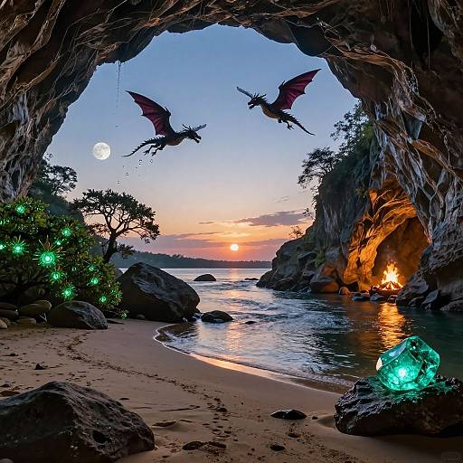 Fantasy cave entrance at sunset, two glowing dragons flying, moon, sun, glowing green and blue crystals, serene beach, rocky shoreline.