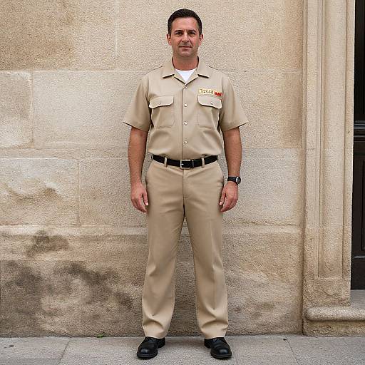 Photograph of a middle-aged man in a tan military uniform with short sleeves, black belt, black shoes, standing against a beige stone wall.