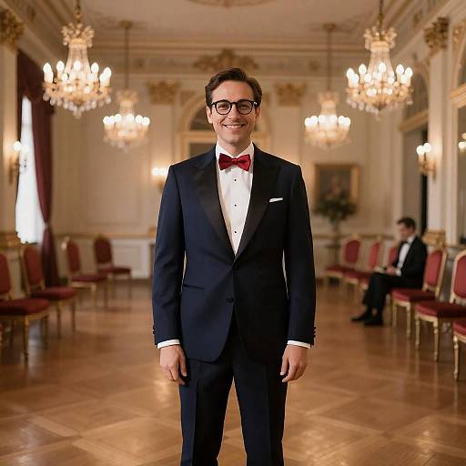 Smiling Man in Opulent Ballroom