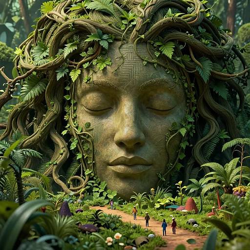 Digital artwork of a giant, serene green stone face with vines in a lush, enchanted forest, surrounded by small people on a path.