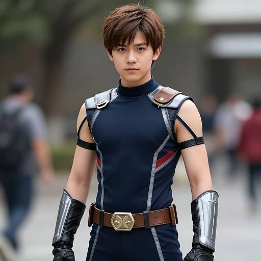 Photorealistic CGI of an Asian male cosplayer in a black, form-fitting outfit with metallic shoulder and arm guards, brown belt, and gloves