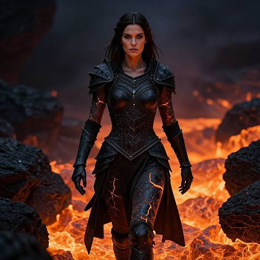 Photograph-like digital artwork of a fierce, armored woman with dark hair and glowing cracks on her black armor, walking through fiery lava surrounded by dark rocks