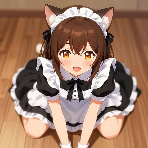 Anime-style digital drawing of a cute, brown-haired girl with cat ears, amber eyes, and black-and-white maid outfit, kneeling on a wooden floor