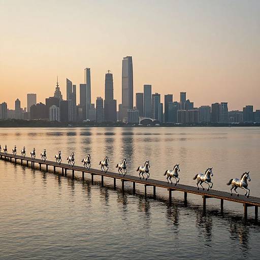 Photograph of a city skyline at sunset with a long pier; white horses gallop along the pier, reflecting on calm water.