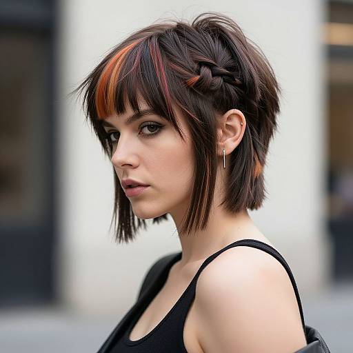 Photograph of a pale-skinned woman with short, dark brown hair featuring orange highlights, braided crown, black tank top, and ear pierc