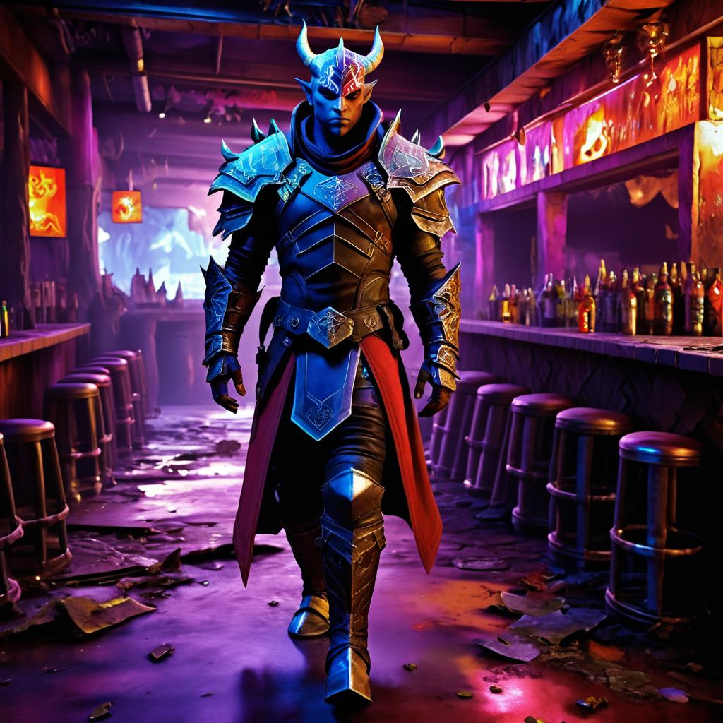 Cinematic Qunari Warrior in Destroyed Bar