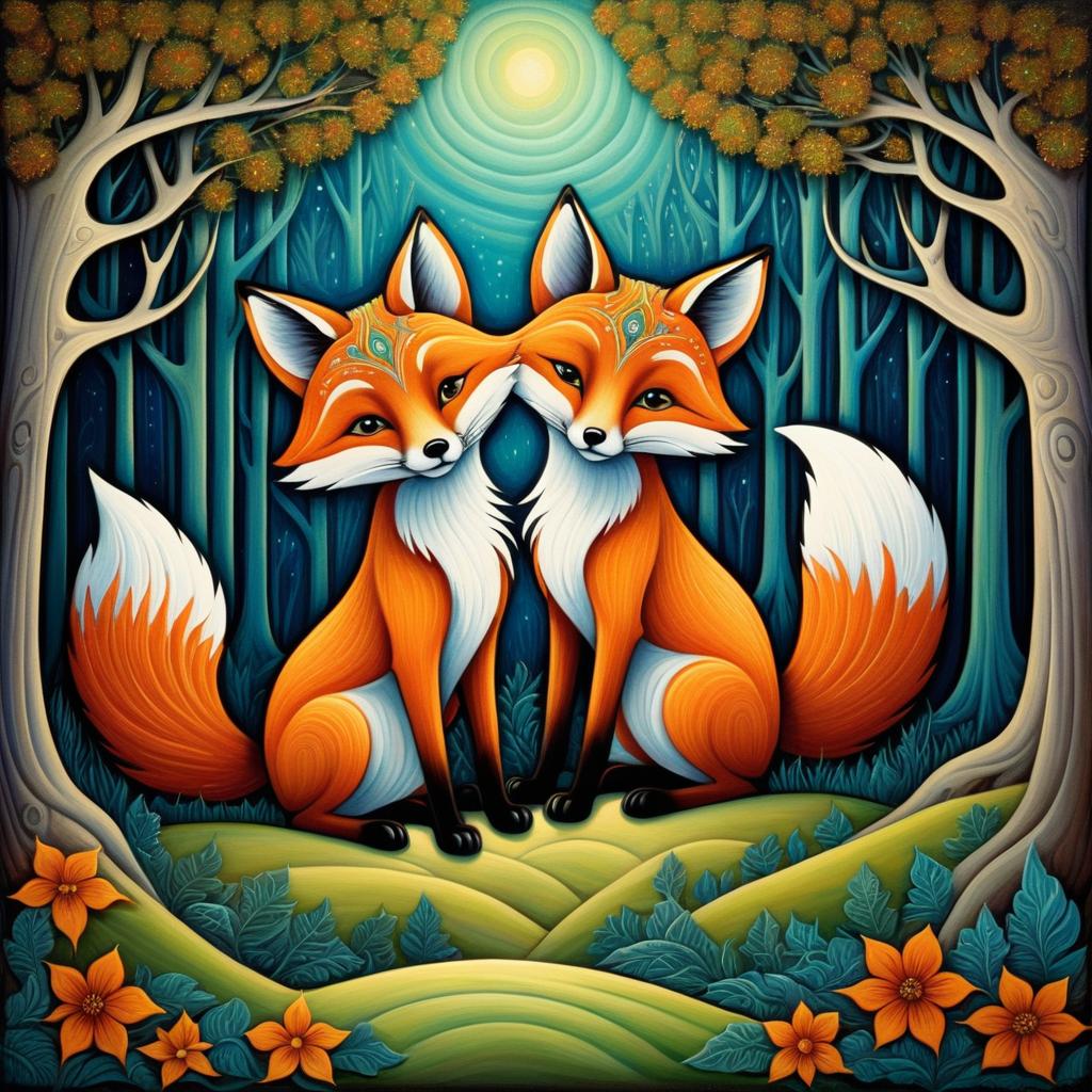 Whimsical Foxes in a Colorful Fantasy