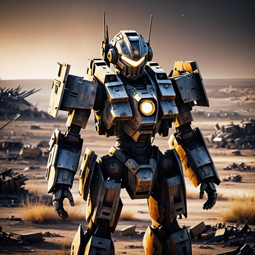 Battle-Worn Robot Soldier in War-Torn Landscape