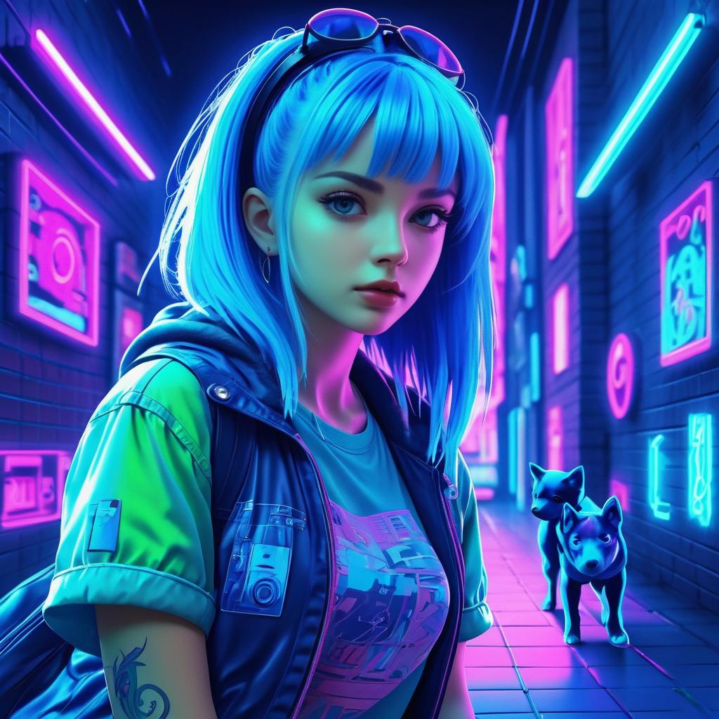 Vibrant Blue Haired Girl in Cyberpunk