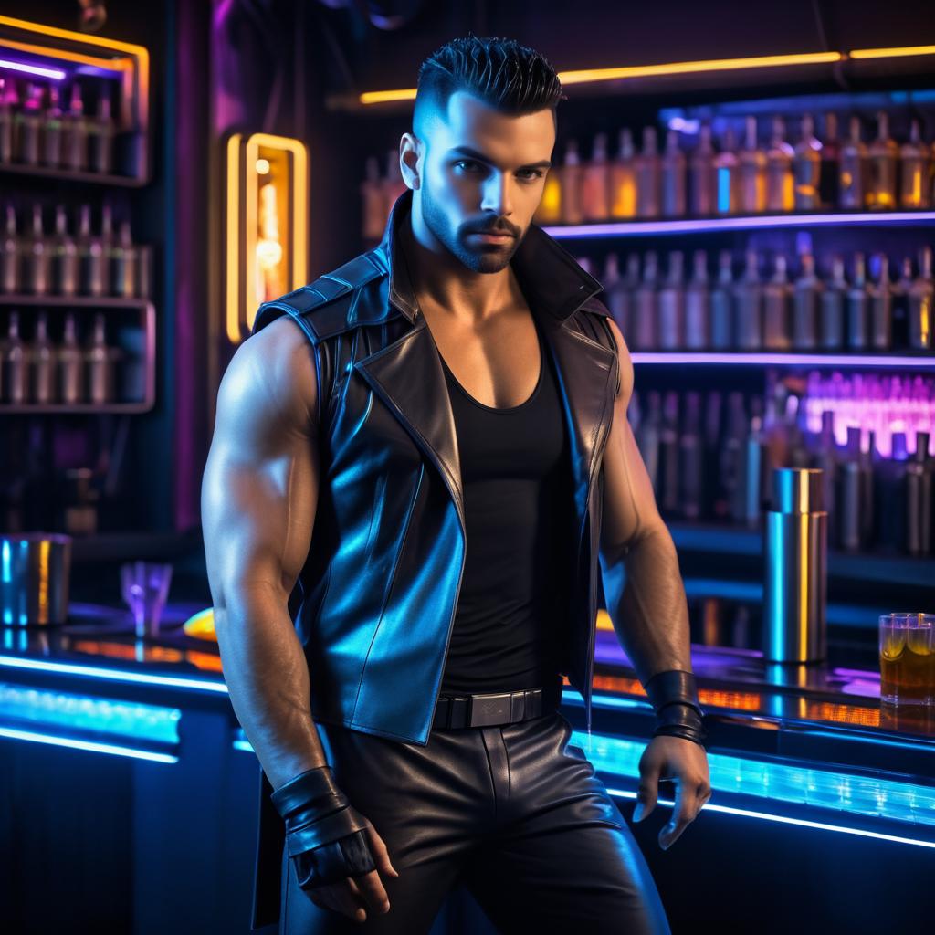 Muscular Bartender in Cyberpunk Lounge