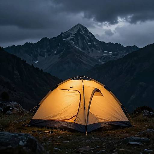 Vibrant Tent Amid Stormy Peaks