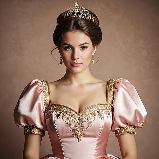 Young Woman in Pink Satin Princess Dress with Tiara