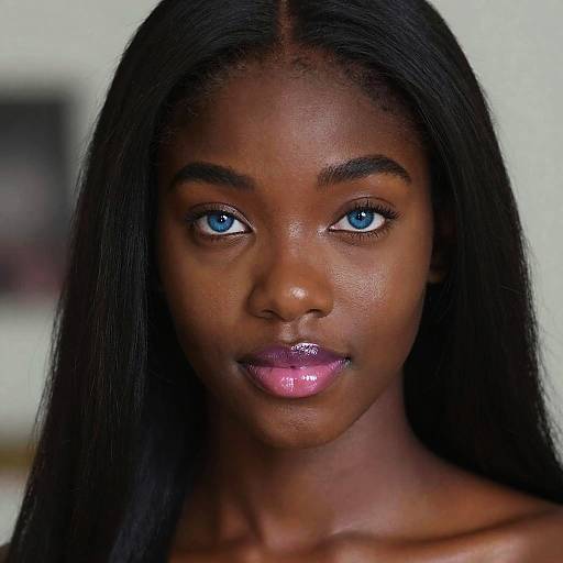 Photograph of a beautiful Black woman with deep brown skin, striking blue eyes, long straight black hair, and glossy pink lips, looking directly at the