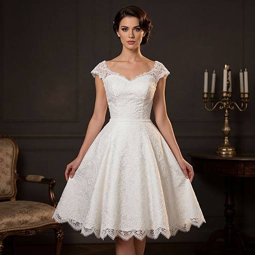 Photograph of a slender woman with fair skin and dark hair, wearing a white lace, short-sleeved, A-line wedding dress, standing in