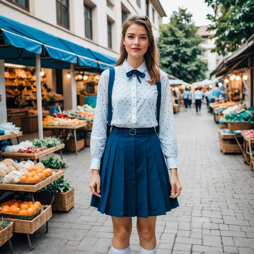 Young Woman in School Girl Outfit at Street Market