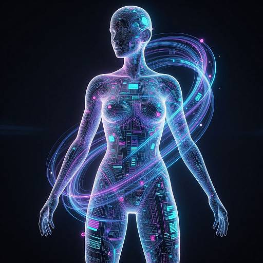 Digital CGI of a glowing, neon-blue and purple, transparent, cybernetic human figure with circuit patterns and swirling light trails against a black background.