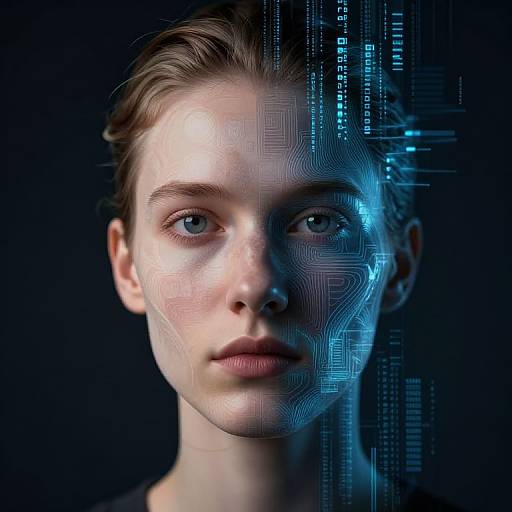 Digital portrait of a pale-skinned, blue-eyed woman with slicked-back hair, half-face overlaid with blue circuitry patterns against a dark background