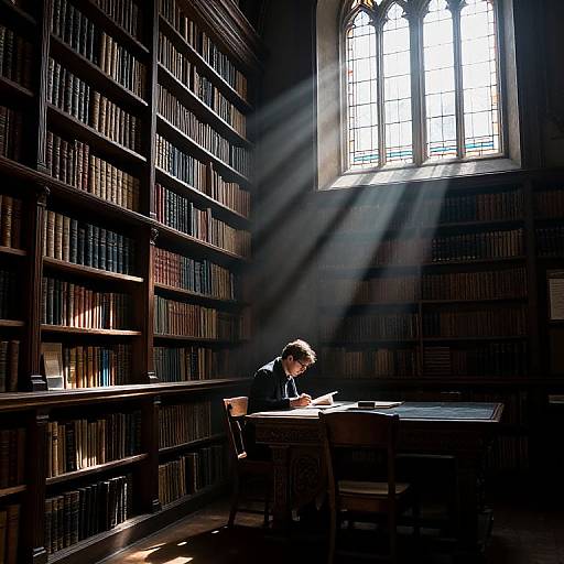 Photograph of a solitary man in a dark, sunlit library, sunlight streaming through a tall window, surrounded by towering bookshelves.