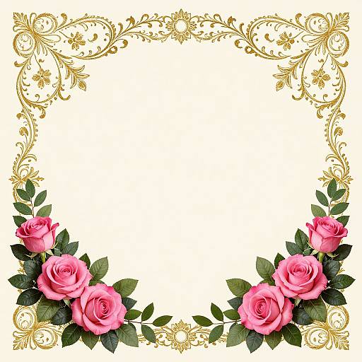 Decorative floral frame with pink roses and green leaves at bottom corners, ornate gold swirls on white background.