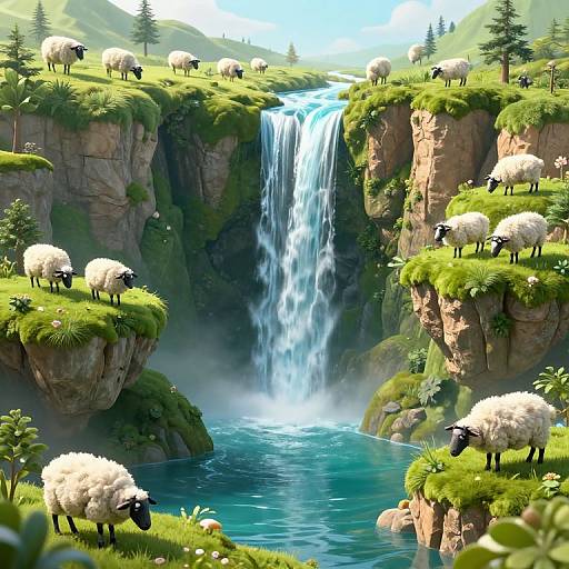 Digital art of a serene waterfall landscape with sheep grazing on lush green cliffs, surrounded by pine trees and vibrant blue water.