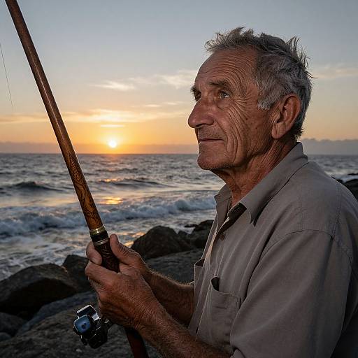 Photograph of an elderly man with grey hair, wearing a beige shirt, fishing at sunset by the ocean, holding a wooden rod.