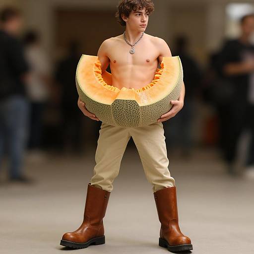 Photograph of a shirtless young man with curly hair, wearing beige pants, brown boots, and holding a halved cantaloupe, standing