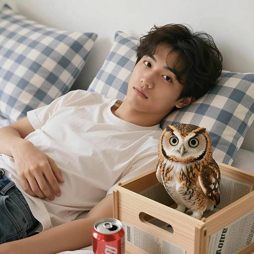 Relaxing Man with Pet Owl Scene