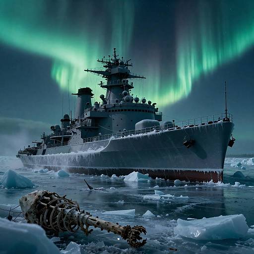 Icebound Ironclad Dreadnought Under Aurora Borealis