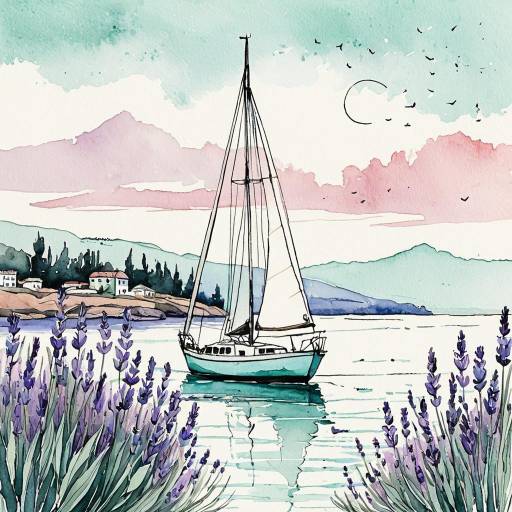 Watercolor Sailboat with Lavender in Calm Harbor