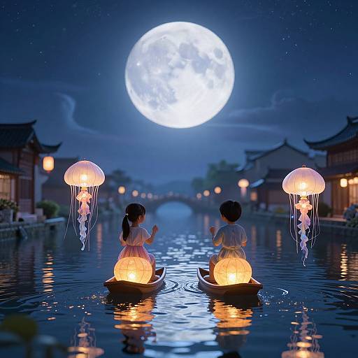 Digital art: Two girls in glowing dresses rowing on a moonlit canal, surrounded by jellyfish lanterns, traditional buildings, and a bright full