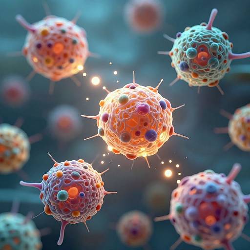 CGI image of colorful, spherical, virus-like particles with spikes, floating in a blue, glowing, abstract background, creating a sci-fi, microscopic