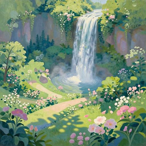 Digital painting of a vibrant, lush forest with a cascading waterfall, surrounded by colorful flowers, greenery, and sunlight filtering through trees.