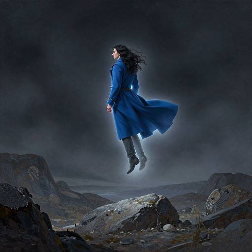 Digital artwork of a woman with long black hair, blue coat, and gray pants, floating mid-air over a dark, rocky landscape under a stormy