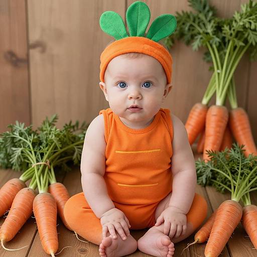 Baby in Carrot Costume Sitting Surrounded by Fresh Carrots
