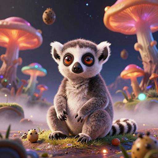 Photorealistic digital art of an adorable, wide-eyed ring-tailed lemur sitting amidst glowing, colorful mushrooms and tiny glowing eggs in a mystical,