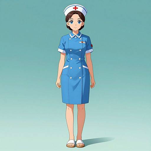 Digital anime-style drawing of a young woman with blue eyes, wearing a blue nurse uniform, white hat with red cross, and white sandals, standing against