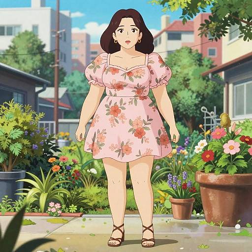 Digital anime-style drawing of a curvy woman with fair skin, black shoulder-length hair, wearing a pink floral dress and brown sandals, standing in a